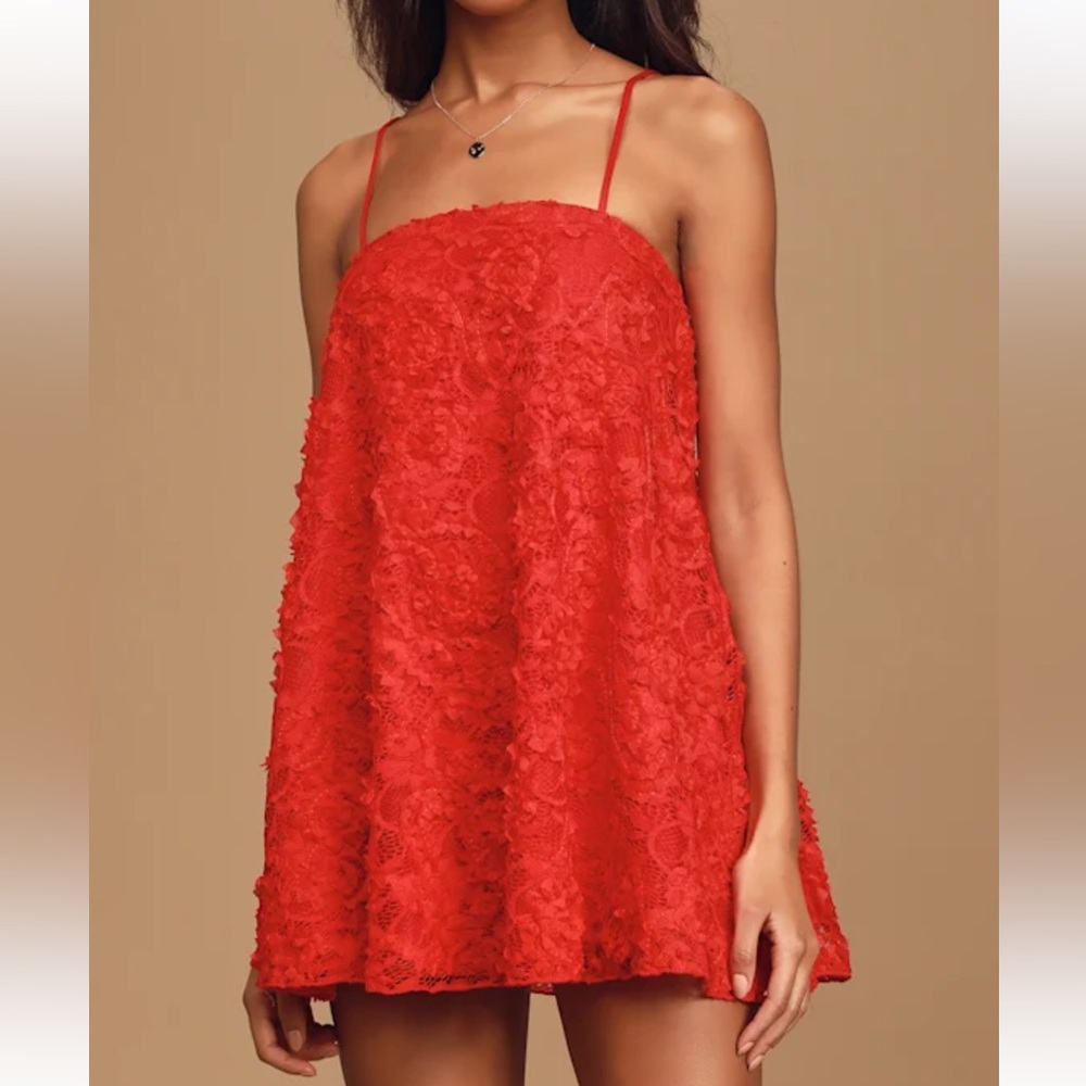 Lulus Bouquet of Love Red Lace Embroidered Sleeveless Mini Dress